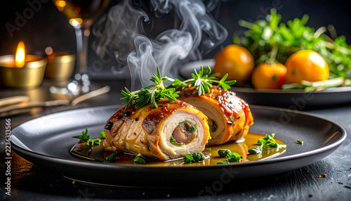 Chicken roulade with aromatic herb stuffing and glossy sauce fine dining presentation