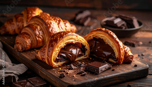 Chocolate croissants with rich melted filling on a dark background
