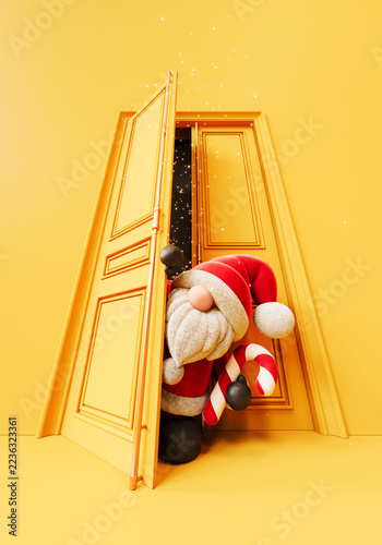 Santa Claus enters through the yellow door. Christmas is here. Greeting card design. 3D Rendering, 3D Illustration
