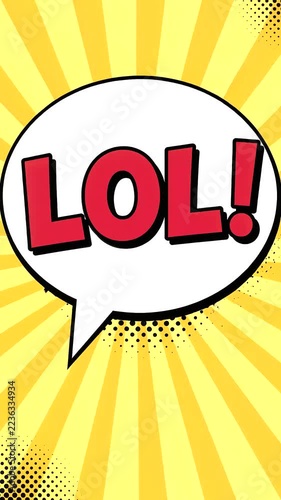 LOL! Lettering Comic Book Style in Speech Bubble, Funny Online Reaction, Bold Pop Art Typography, Yellow Burst Background