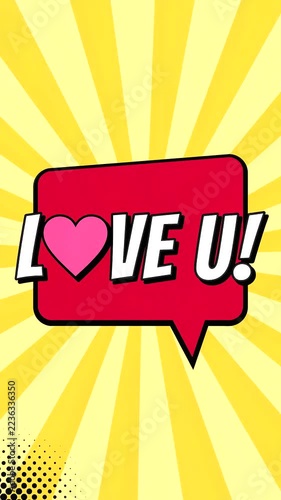 Love You! Lettering Comic Book Style in Speech Bubble, Romantic Heart Typography, Pop Art Greeting, Yellow Burst Background