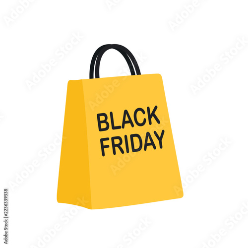 Bright yellow paper shopping bag with black handles and Black Friday text. Concept for sales, retail, and shopping events.
