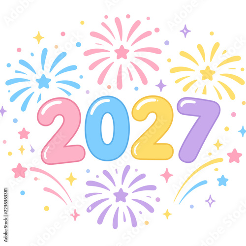 Cute pastel 2027 new year celebration design with colorful fireworks and sparkling stars