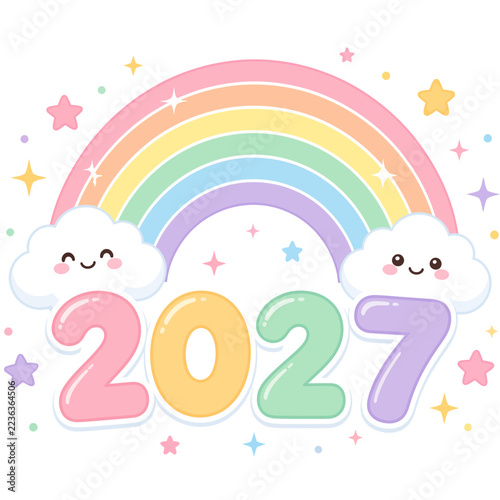Cute pastel 2027 new year celebration design with colorful fireworks and sparkling stars