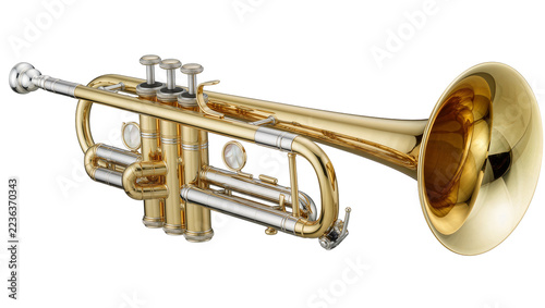 Canvas Print Shiny brass trumpet with silver accents, isolated on transparent background