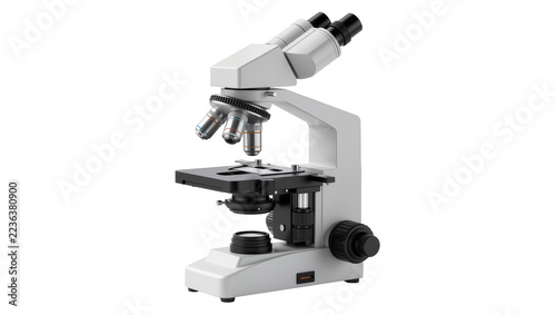 Fotografie Modern laboratory microscope with dual eyepieces and rotating turret, isolated o