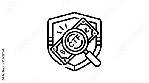 Anti-Money Laundering Shield Icon with Magnifying Glass and Banknote Isolated