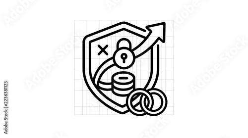 Shield with padlock, arrow, and coins icon, representing security and financial growth