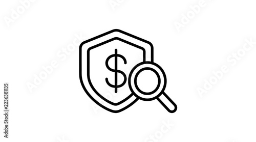 Money Protection Search Icon - Dollar Shield with Magnifying Glass, Isolated on Transparent Background