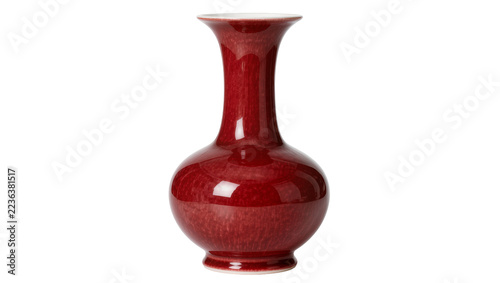 Fotografie Glossy red ceramic vase with flared neck, isolated on transparent background