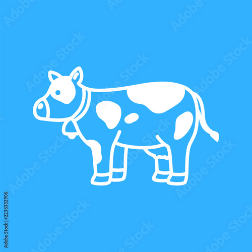 Cute blue and white cow illustration featuring a friendly cartoon design, irregular blue spots, small horns and a long tail. The simple outlined style and bold colors give this farm animal a playful, 