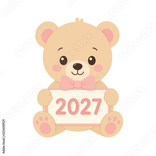 Cute Teddy Bear Holding 2027 Sign, Pastel New Year Celebration Cartoon Illustration