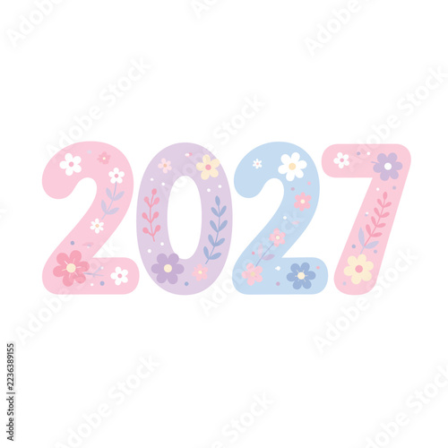 Cute pastel 2027 new year typography design decorated with spring flowers and leaves