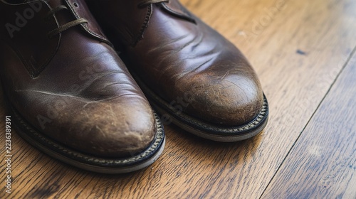 creak. Worn brown leather shoes on wooden floor. lifestyle magazines, social media lookbooks, brand collaborations, designed for lifestyle magazines and social media content, used by architects.