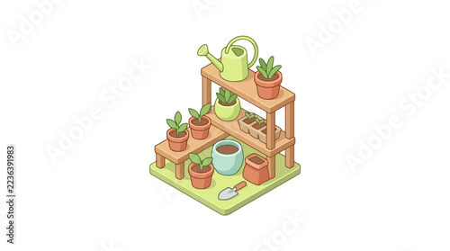 Wooden garden shelf with potted plants and watering can.