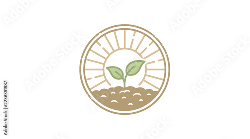 Circular emblem showing sprout growth from fertile soil.