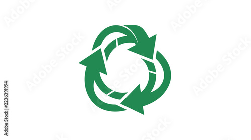 Green recycling symbol with three circular rotating arrows.