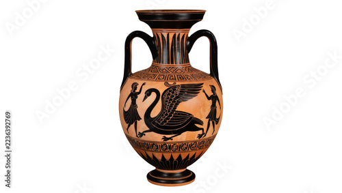 Obraz na plátně Ancient Greek black-figure amphora with swan and dancers, isolated on transparen
