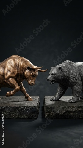 Bull and Bear Market Concept Representing Financial Market Conflict, Investor Sentiment and Competing Market Trends