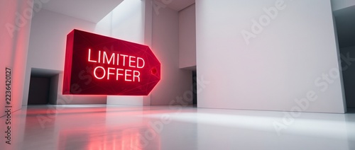 3D render of a red floating tag with Limited Offer text, minimalist white architecture background