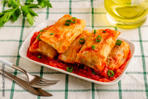Delicious stuffed cabbage rolls served with tomato sauce