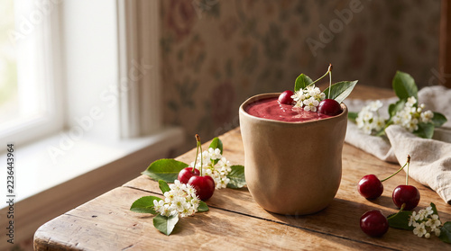 Rustic chocolate dessert in a handmade clay cup with berries edible flowers and linen setting by a sunlit window for seasonal food styling cozy culinary inspiration and restaurant menu design