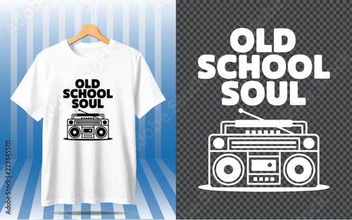 White t-shirt with old school soul boombox print, featuring a retro cassette player for music lovers and vintage style fans