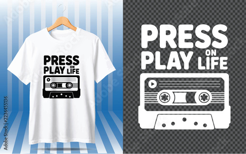 White t-shirt with press on play life text and cassette tape isolated on a transparent background, for apparel printing, and fashion use