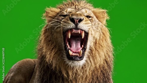 Majestic Lion Roaring with Open Mouth, Capturing Raw Power and Fierce Expression on a Vibrant Green Background