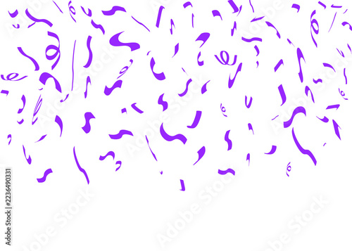 Purple confetti and streamers falling on transparent background for celebrations