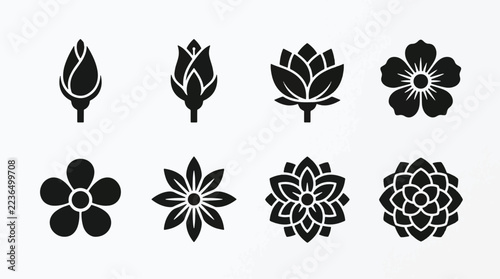 Minimalist black flower silhouette icon set collection for elegant nature logo graphic design