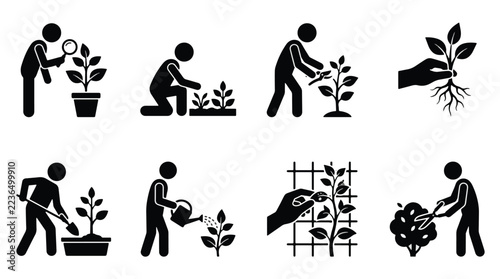 Black stick figure icons showing plant care steps for a local gardening business