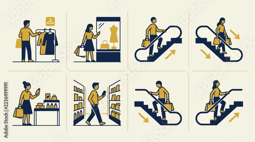 Flat illustration set of people shopping in mall using escalator browsing retail items.