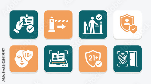 Identity verification and age restriction icons for secure access control in flat design