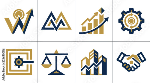 Professional gold and blue business icon set representing growth success justice and partnerships
