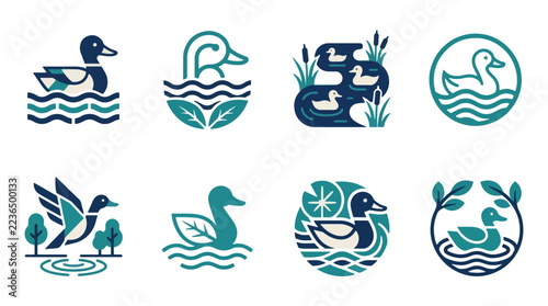 Geometric mallard duck icons set with organic elements for nature brand identity projects