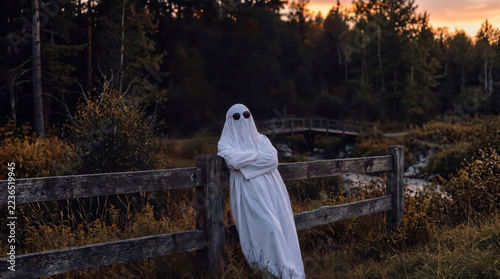 Ghost costume with sunglasses leaning on wooden fence.
