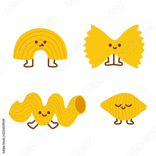 Fun collection of cute pasta characters featuring smiling cartoon spaghetti, macaroni and bow tie pasta shapes in bright yellow and golden colors. The playful designs include simple faces, tiny legs a