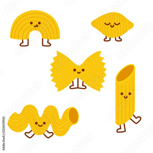 Fun collection of cute pasta characters featuring smiling cartoon spaghetti, macaroni and bow tie pasta shapes in bright yellow and golden colors. The playful designs include simple faces, tiny legs a