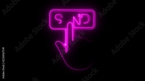 Magenta neon cursor hand pressing the SEND' button on a black background