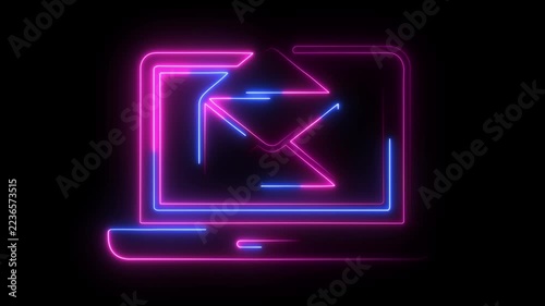 Neon light of a laptop displaying an email envelope in pink and blue