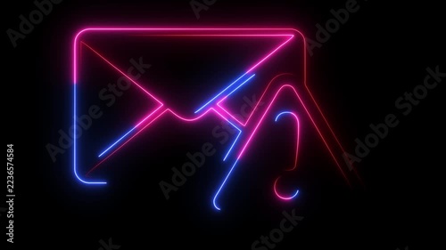 Neon light symbol of an email with a warning sign in pink and blue