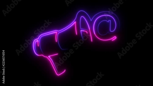 Neon outline of a megaphone and an at symbol in pink and purple on black