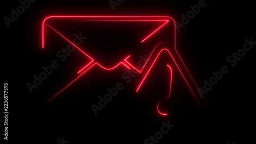 Red neon light symbol of an email with a warning sign on black background
