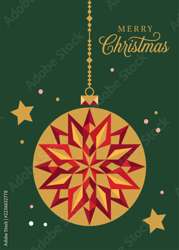 Geometric Christmas ornament card with gold and red star pattern hanging on dark green background