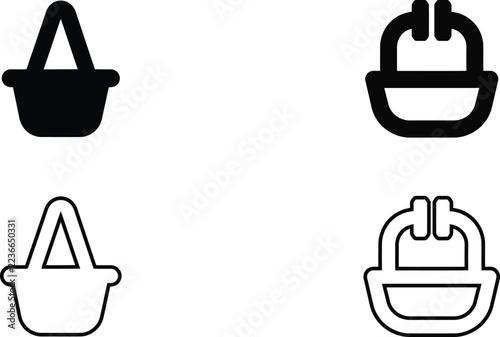 Minimalist shopping basket and tote bag icon set, solid and outline style. Black vector graphics for e-commerce, online shopping, and web design interfaces.