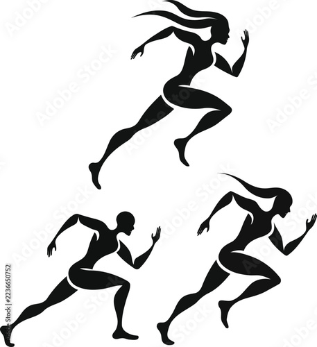 Dynamic runner silhouette set, sprinting athletes in profile, vector fitness icons for sport design