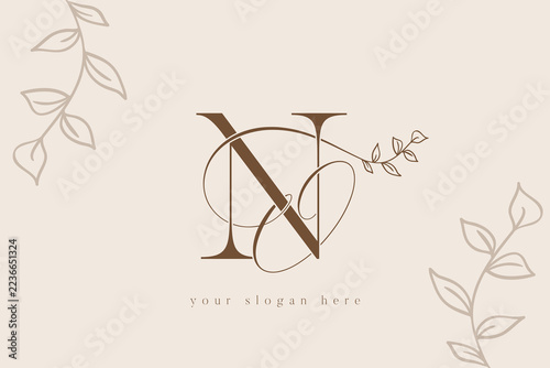 NO letter monogram vector logo design featuring elegant serif typography and delicate hand drawn botanical foliage branches in sophisticated brown tones