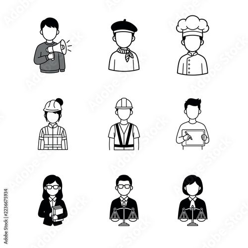 Profession icons set in outline hand drawn style