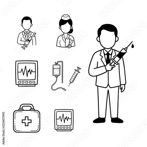 Medical professionals outline doodle illustration